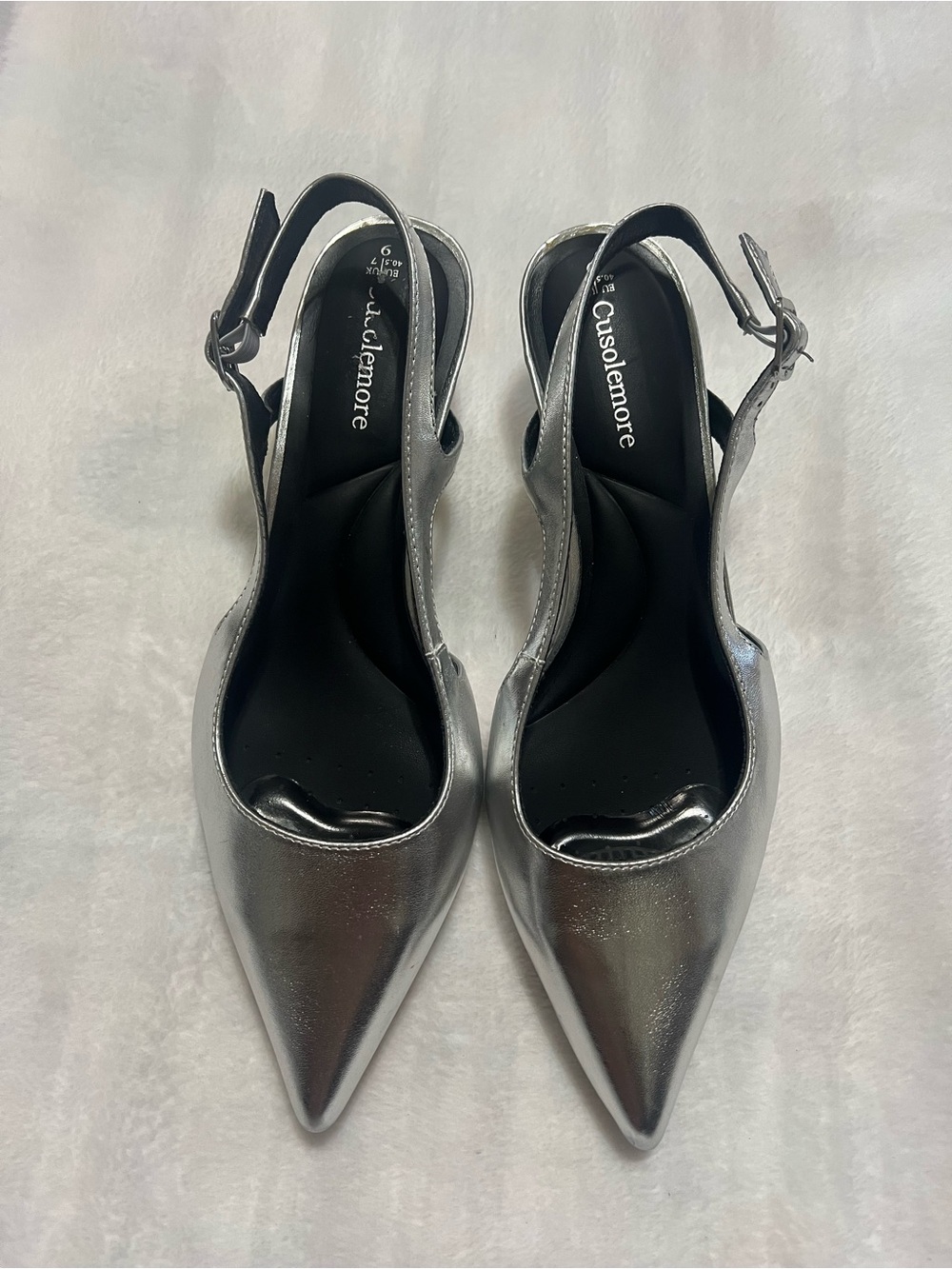 Metallic Silver Pointed Slingback Mules